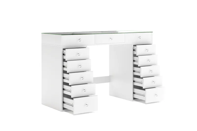 Glow Stort sminkebord med glasplade – Opbevaring med skuffer og rum 120 cm - Hvid - Møbler - Borde - Sminkebord & konsolbord