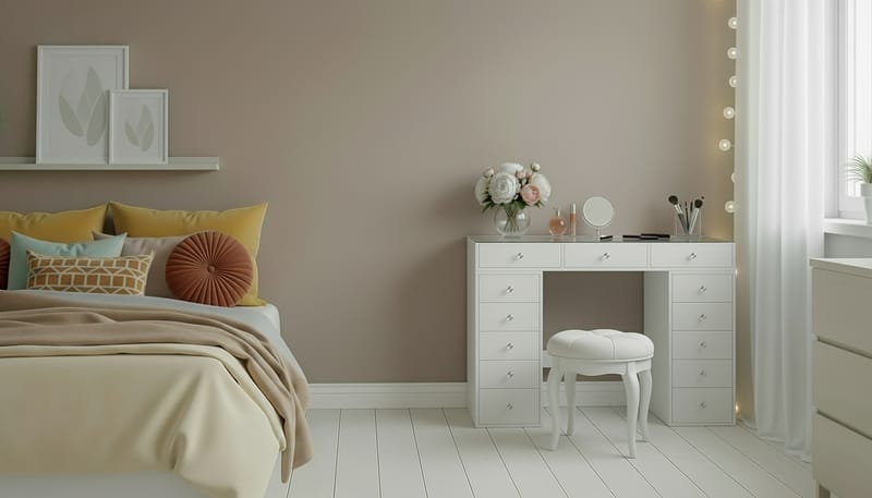 Glow Stort sminkebord med glasplade – Opbevaring med skuffer og rum 120 cm - Hvid - Møbler - Borde - Sminkebord & konsolbord