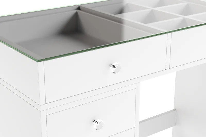Glow Stort sminkebord med glasplade – Opbevaring med skuffer og rum 120 cm - Hvid - Møbler - Borde - Sminkebord & konsolbord