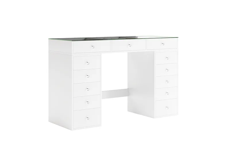 Glow Stort sminkebord med glasplade – Opbevaring med skuffer og rum 120 cm - Hvid - Møbler - Borde - Sminkebord & konsolbord