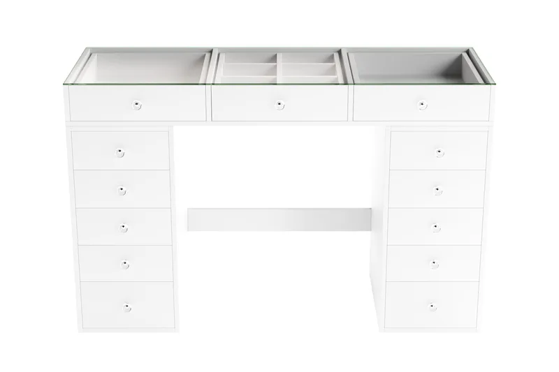 Glow Stort sminkebord med glasplade - Opbevaring med skuffer og rum 120 cm, Hvid