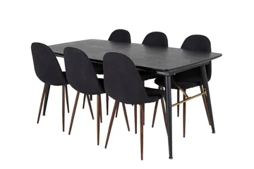 Gold Rektangulær Spisegruppe 180-220 cm med 6 Polar Spisestole - sort med gulddetaljer - Møbler - Borde - Spisebordssæt