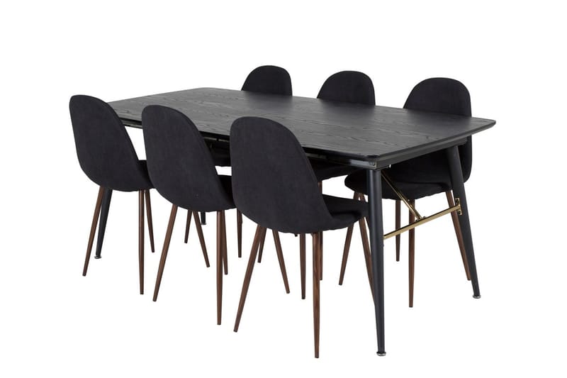 Gold Rektangulær Spisegruppe 180-220 cm med 6 Polar Spisestole - sort med gulddetaljer - Møbler - Borde - Spisebordssæt