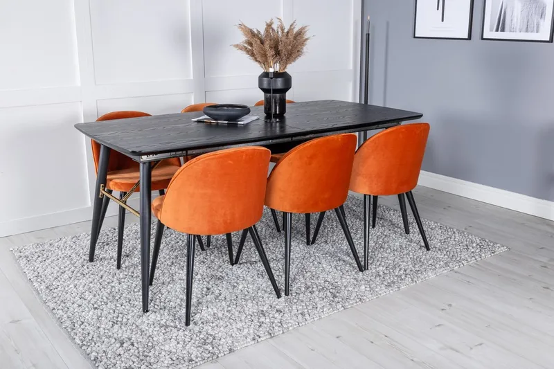 Gold Spisebord 180 cm med Udtræk med 6 Velvet Spisebordsstole i Fløjl