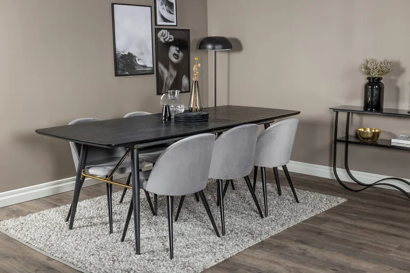 Gold spisebord 180 cm med udtræk og 6 Velvet køkkenstole i velour