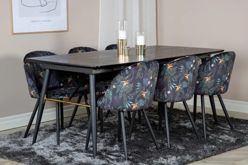 Gold spisebord 180 cm med udtræk og 6 Velvet spisebordsstole