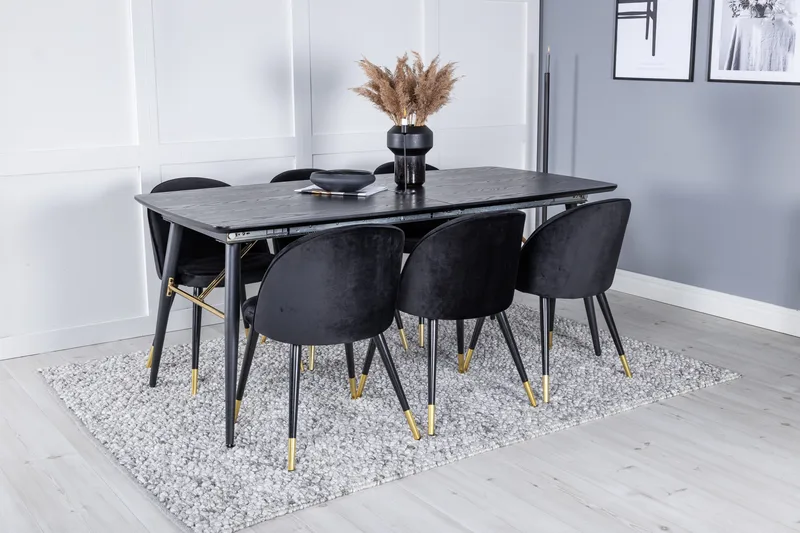 Gold Spisebordssæt Udvideligt 180-220 cm Rektangulær med 6 Velvet Stole - Svart/Gull - Møbler - Borde - Spisebordssæt