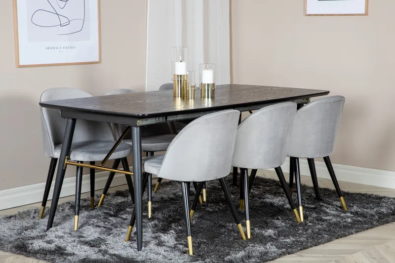Gold Spisebordssæt Udvideligt 180-220 cm Rektangulær med 6 Velvet Stole - Svart/Gull - Møbler - Borde - Spisebordssæt