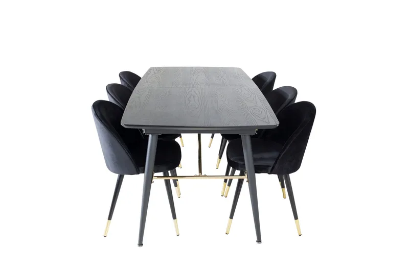 Gold Spisebordssæt Udvideligt 180-220 cm Rektangulær med 6 Velvet Stole, Svart/Gull
