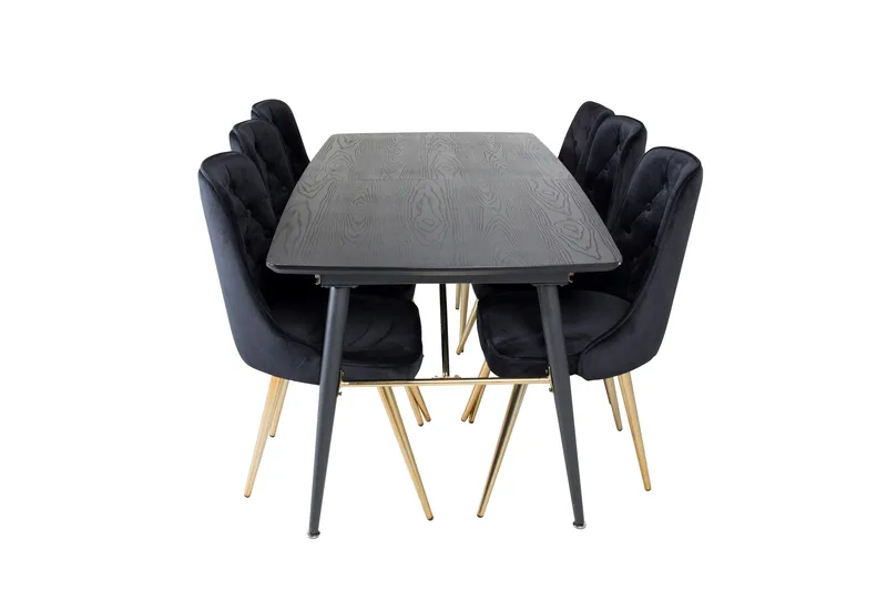 Gold Spisebordssæt Udvideligt 180-220 cm Rektangulær med 6 Velvet Stole, Svart/Gull