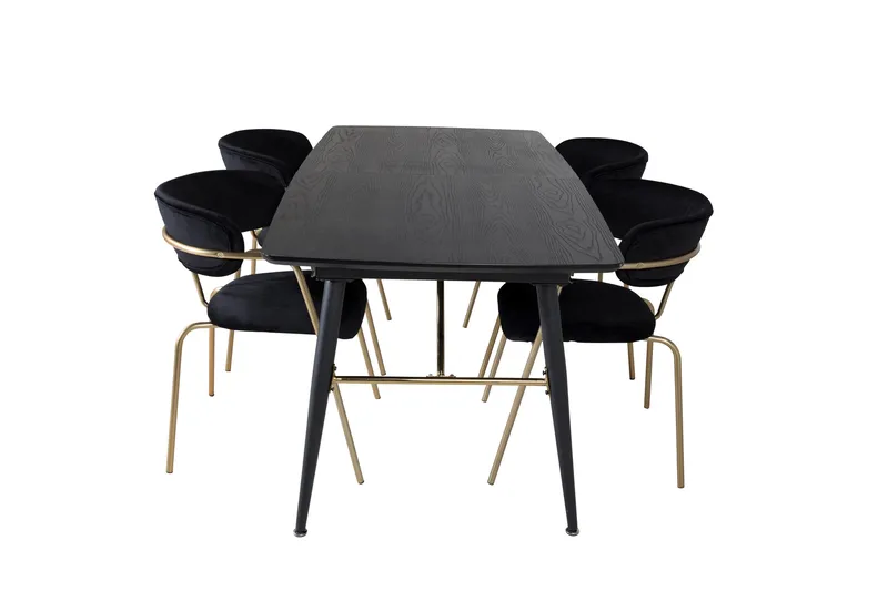 Gold Spisegruppe Udstyrlig 180-220 cm Rektangulær med 4 Arrow stole, Svart/Gull