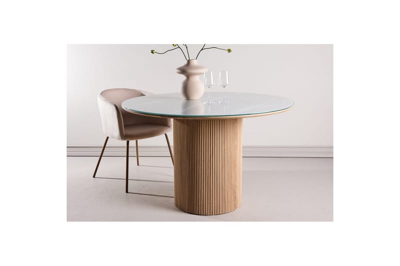 Härön Rundt Spisebord 120 cm med Glasplade og Egeudseende - Lysegrå - Møbler - Borde - Spisebord og køkkenbord
