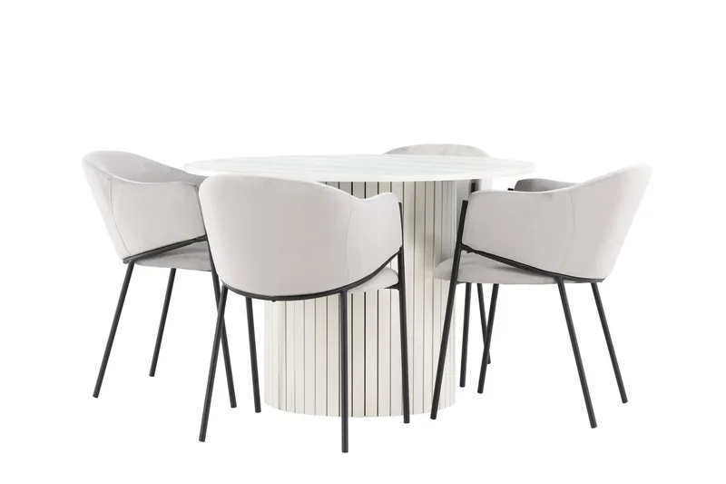 Härön Spisegruppe 110 cm Rundt med 4 Evelina stole, Hvit/Grå
