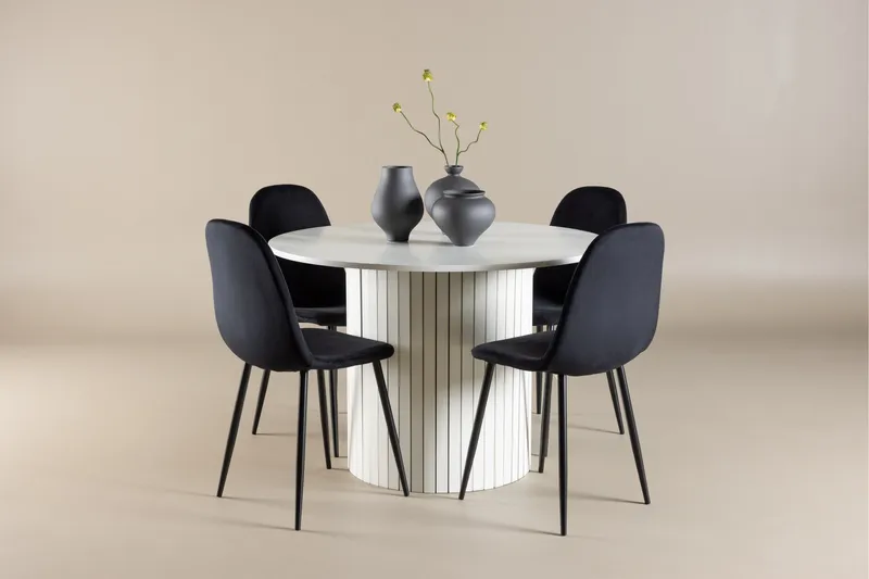 Härön Spisegruppe 110 cm Rundt med 4 Polar stole - Hvit/Svart - Møbler - Borde - Spisebordssæt