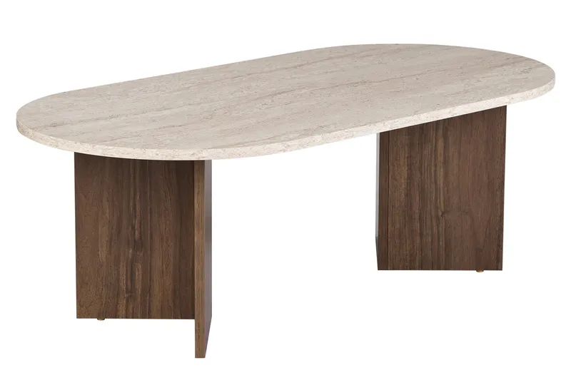 Hasina Ovalt Sofabord 119x60 cm med Travertin- og Valnøddeudseende, Beige