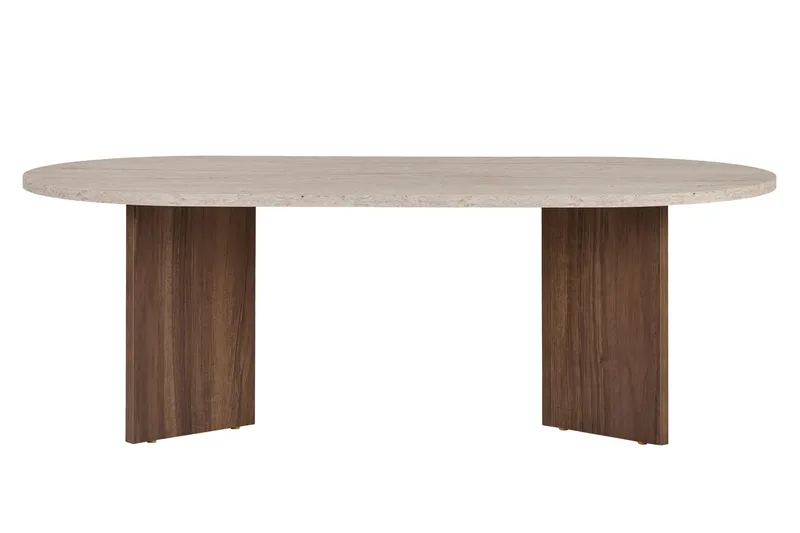 Hasina Ovalt Sofabord 119x60 cm med Travertin- og Valnøddeudseende - Beige - Møbler - Borde - Sofabord