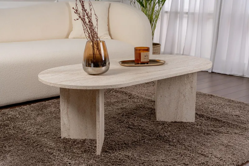 Hasina Ovalt Sofabord 119x60 cm med Travertinudseende - Hvid - Møbler - Borde - Sofabord