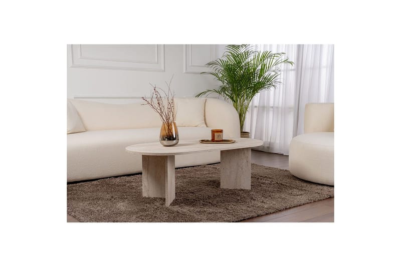 Hasina Ovalt Sofabord 119x60 cm med Travertinudseende - Hvid - Møbler - Borde - Sofabord