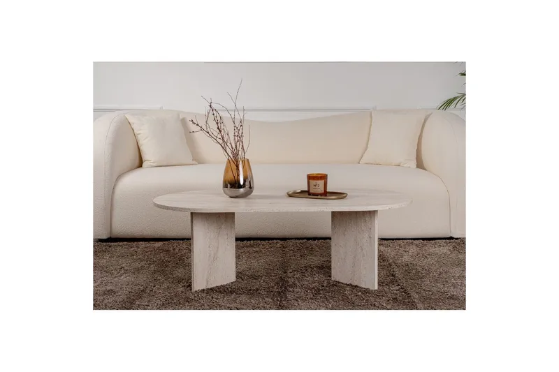 Hasina Ovalt Sofabord 119x60 cm med Travertinudseende - Hvid - Møbler - Borde - Sofabord