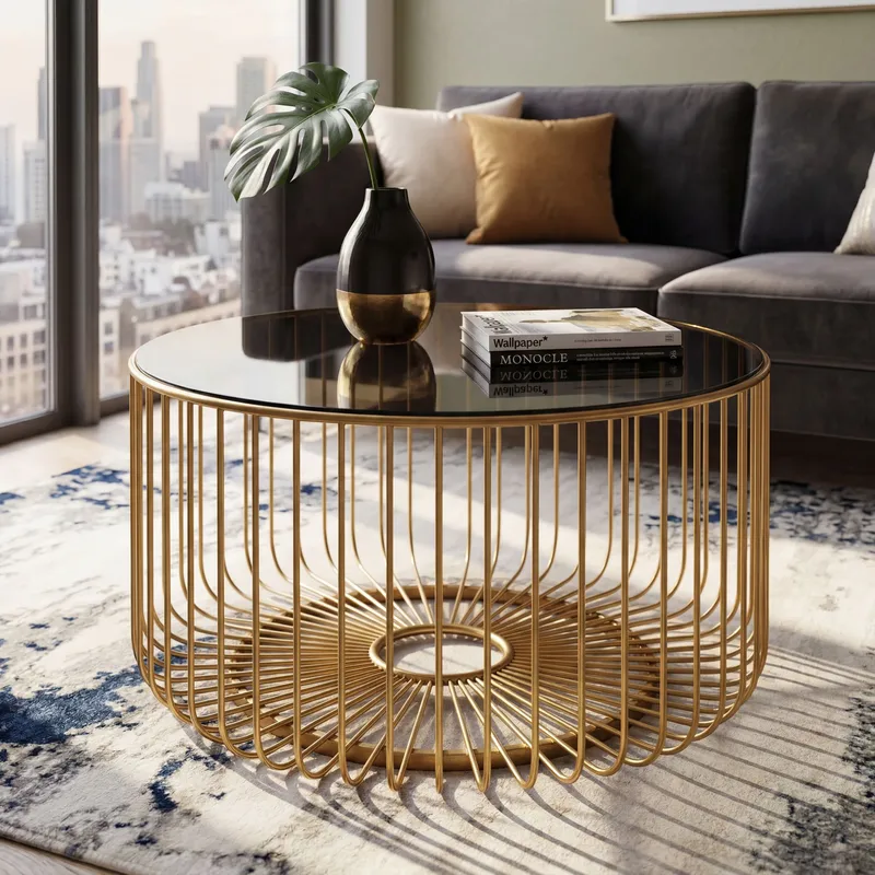 Helora rundt sofabord 60 cm i glas og metal - guld / sort - Møbler - Borde - Sofabord
