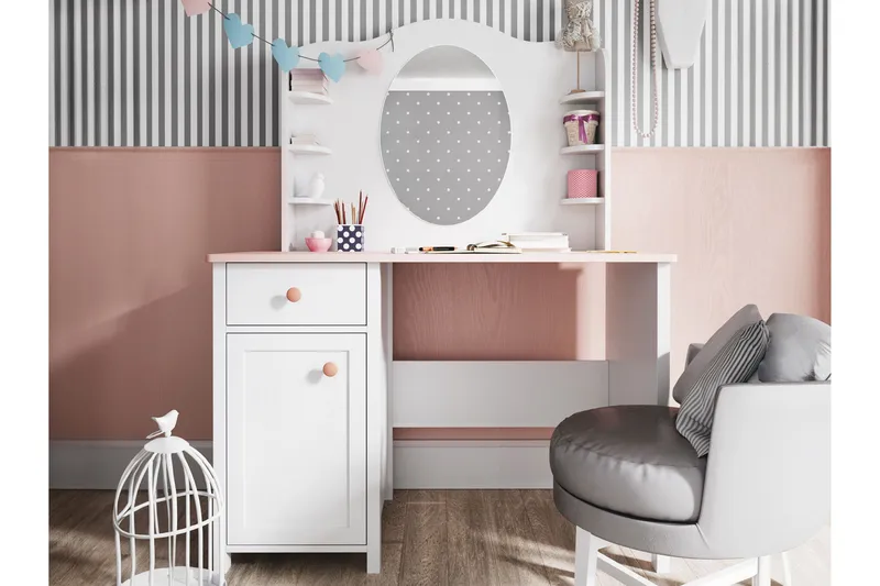 Hilts Sminkebord 110x52 cm - Hvid/Pink - Møbler - Borde - Sminkebord & konsolbord - Makeup bord med spejl