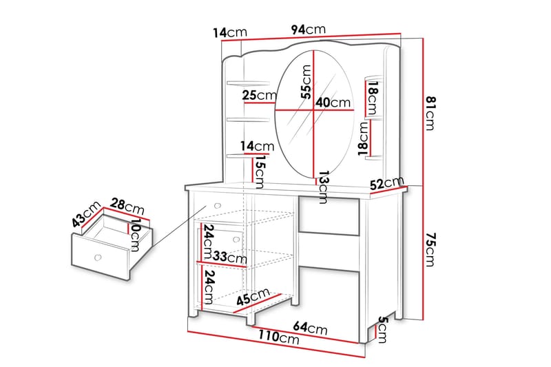 Hilts Sminkebord 110x52 cm - Hvid/Pink - Møbler - Borde - Sminkebord & konsolbord - Makeup bord med spejl
