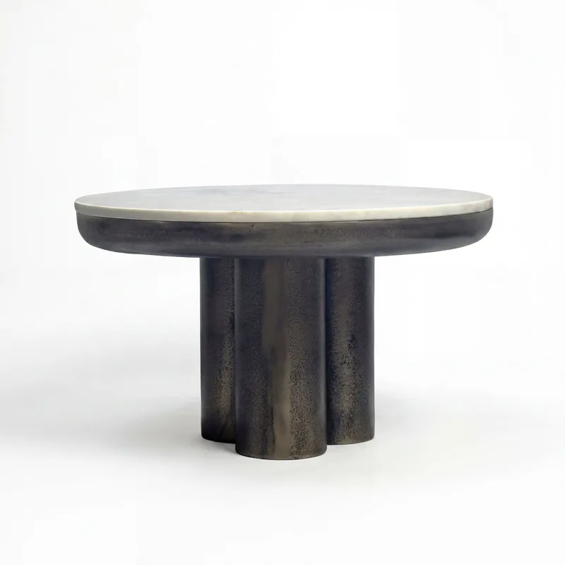 Ilvora rundt sofabord 60 cm i metal med marmorplade, hvid marmor antik sort bronze