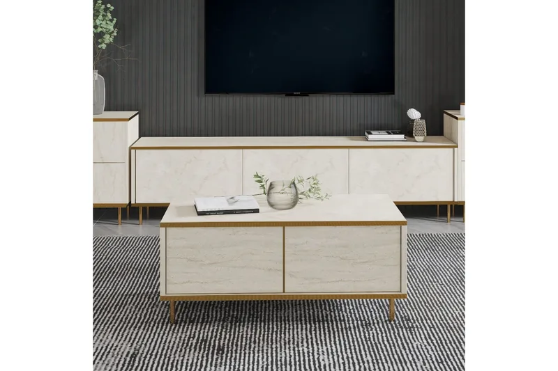 Imaj Sofabord 90 cm Rektangulært med Skuffer i Malet Træ - Beige - Møbler - Borde - Sofabord