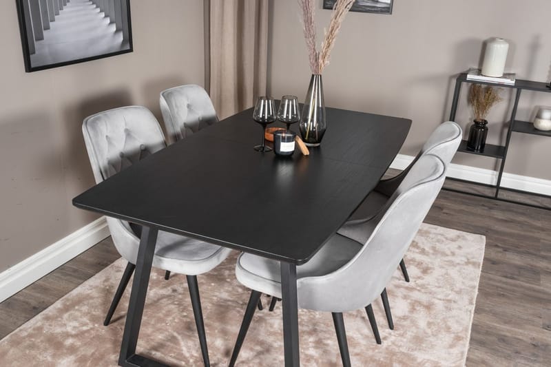 Inca spisebordssæt med udtræk 160 cm rektangulært med 4 Velvet Deluxe-stole - Sort/Lysegrå - Møbler - Borde - Spisebordssæt