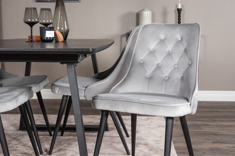 Inca spisebordssæt med udtræk 160 cm rektangulært med 4 Velvet Deluxe-stole - Sort/Lysegrå - Møbler - Borde - Spisebordssæt
