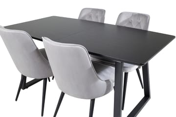 Inca spisebordssæt med udtræk 160 cm rektangulært med 4 Velvet Deluxe-stole - Sort/Lysegrå - Møbler - Borde - Spisebordssæt