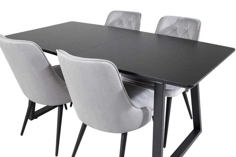 Inca spisebordssæt med udtræk 160 cm rektangulært med 4 Velvet Deluxe-stole - Sort/Lysegrå - Møbler - Borde - Spisebordssæt