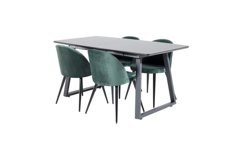 Inca spisebordssæt med udtræk 160 cm rektangulært med 4 Velvet-stole - Sort/Grøn - Møbler - Borde - Spisebordssæt