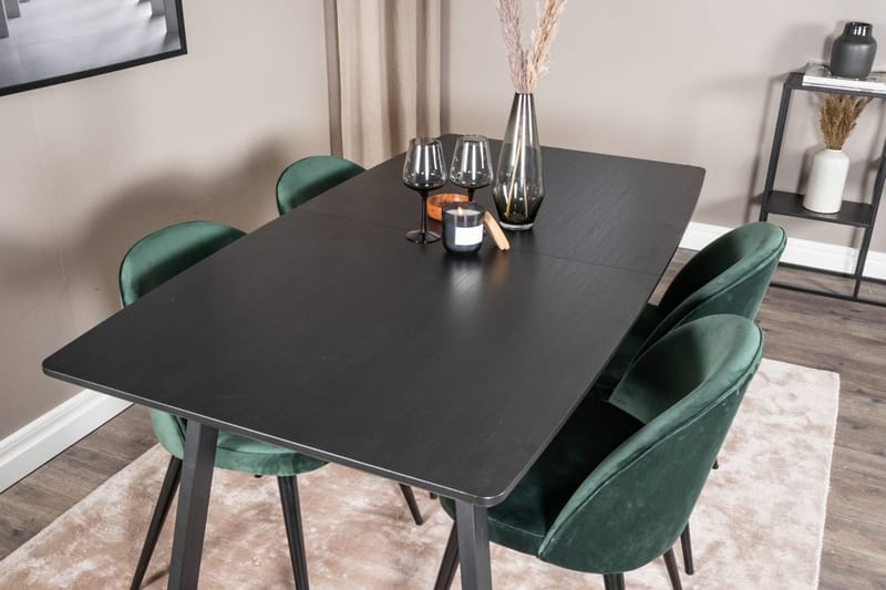 Inca spisebordssæt med udtræk 160 cm rektangulært med 4 Velvet-stole - Sort/Grøn - Møbler - Borde - Spisebordssæt