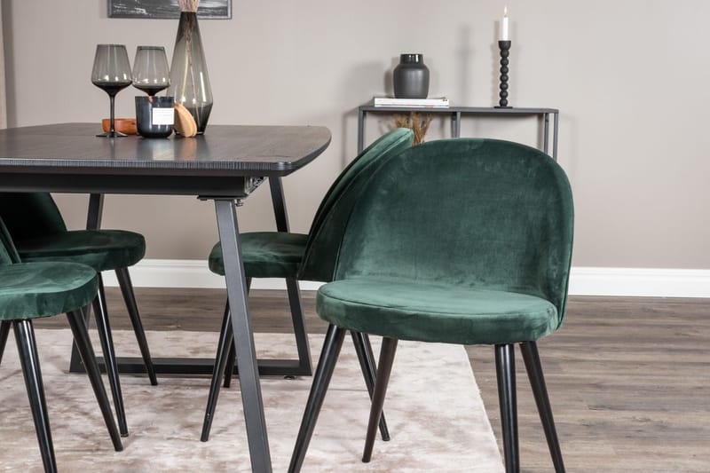 Inca spisebordssæt med udtræk 160 cm rektangulært med 4 Velvet-stole - Sort/Grøn - Møbler - Borde - Spisebordssæt