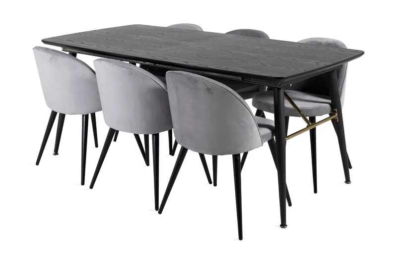 Irunea spisebordssæt med udtræk 180 cm inkl. 6 Valerie stole, Sort/Lysegrå