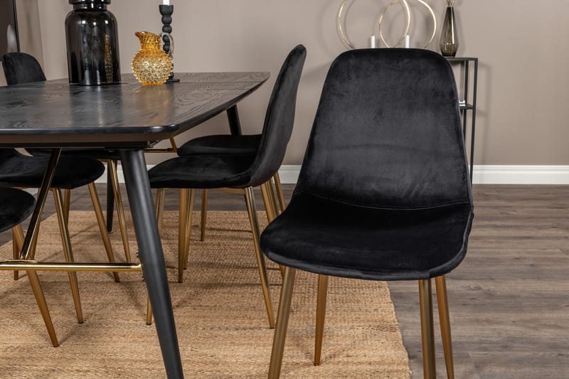 Irunea Spisebordssæt med Udtræk 180 cm inkl. 6 Pontus Stole - Sort/Messing/Velour - Møbler - Borde - Spisebordssæt