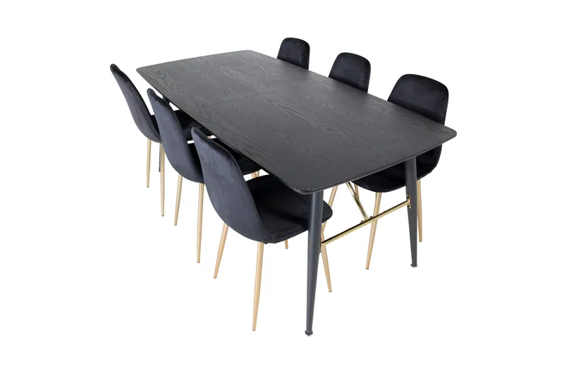Irunea Spisebordssæt med Udtræk 180 cm inkl. 6 Pontus Stole - Sort/Messing/Velour - Møbler - Borde - Spisebordssæt