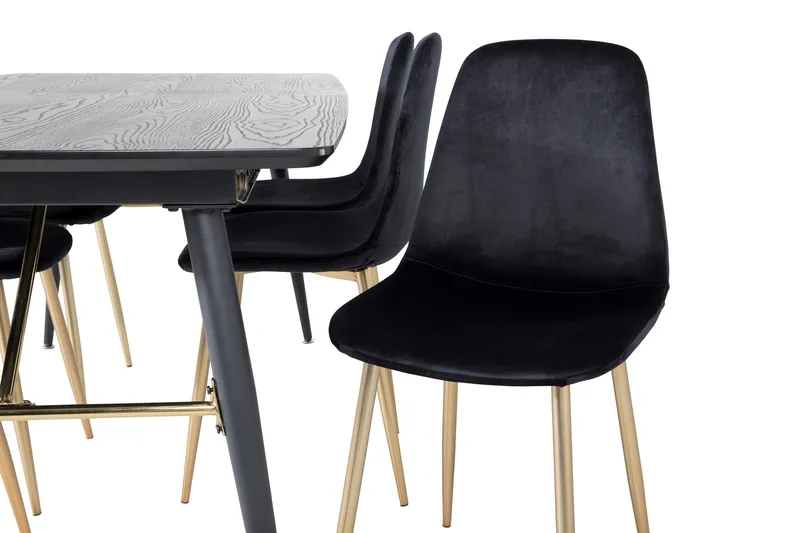 Irunea Spisebordssæt med Udtræk 180 cm inkl. 6 Pontus Stole - Sort/Messing/Velour - Møbler - Borde - Spisebordssæt