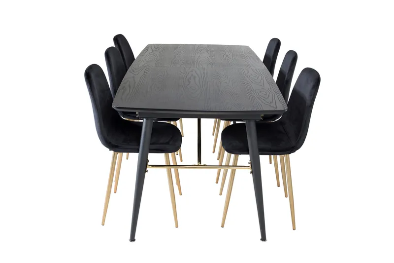 Irunea Spisebordssæt med Udtræk 180 cm inkl. 6 Pontus Stole - Sort/Messing/Velour - Møbler - Borde - Spisebordssæt