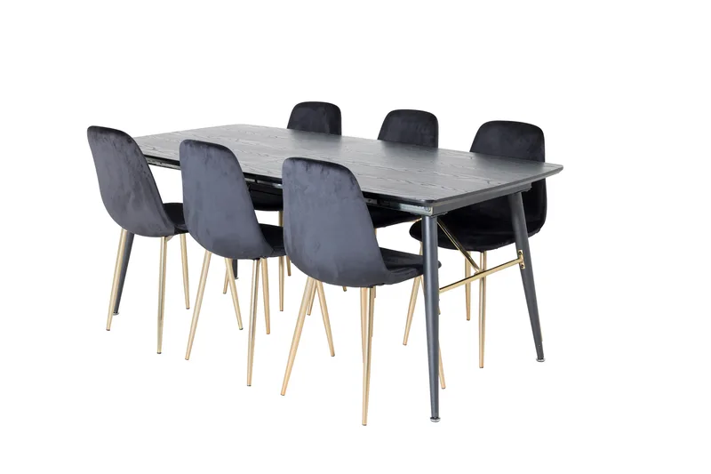 Irunea Spisebordssæt med Udtræk 180 cm inkl. 6 Pontus Stole, Sort/Messing/Velour