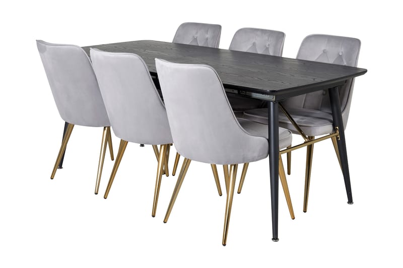 Irunea spisesæt med udtræk 180 cm inkl. 6 Valera Luksus stole, Sort/Grå/Messing