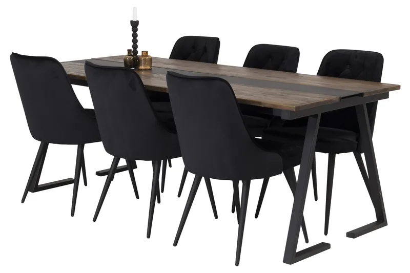 Jakarta Spisebordssæt 200 cm Rektangulær med 6 Velvet Stole, Svart