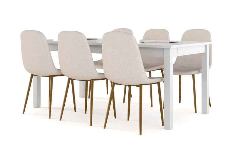 Jasmin Udtræksbart Spisebord 180 cm + 6 stk Nibe stol beige med egetræben, Hvid/Beige