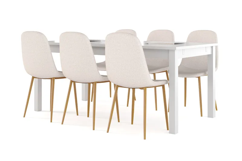 Jasmin Udtræksbart Spisebord 180 cm + 6 stk Nibe stol beige med egetræben - Hvid/Beige - Møbler - Borde - Spisebordssæt
