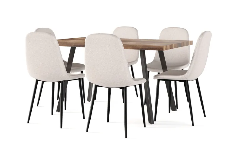 Jasmin Udtræksbart Spisebord 180 cm + 6 stk Nibe stol beige med sorte ben - Hvid/Beige - Møbler - Borde - Spisebordssæt