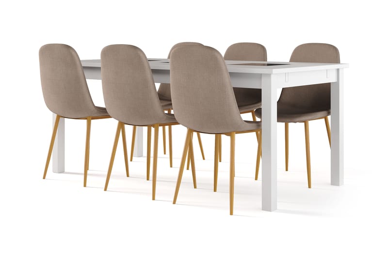 Jasmin Udtræksbart Spisebord 180 cm + 6 stk Nibe stol brun med egetræben, Hvid/Brun