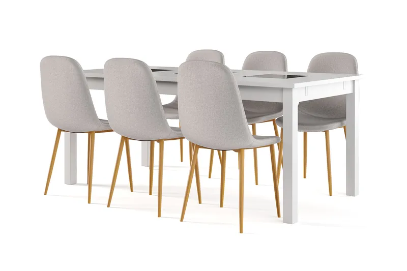 Jasmin Udtræksbart Spisebord 180 cm + 6 stk Nibe stol grå med egetræben, Hvid/Grå