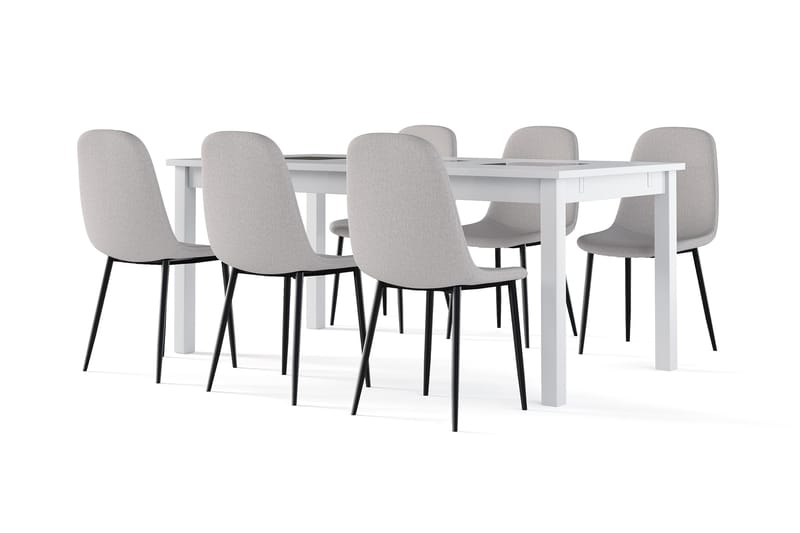 Jasmin Udtræksbart Spisebord 180 cm + 6 stk Nibe stol grå med sorte ben, Hvid/Grå