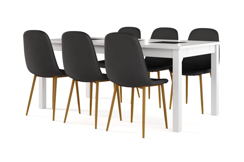 Jasmin Udtræksbart Spisebord 180 cm + 6 stk Nibe stol sort med egetræben, Hvid/Sort